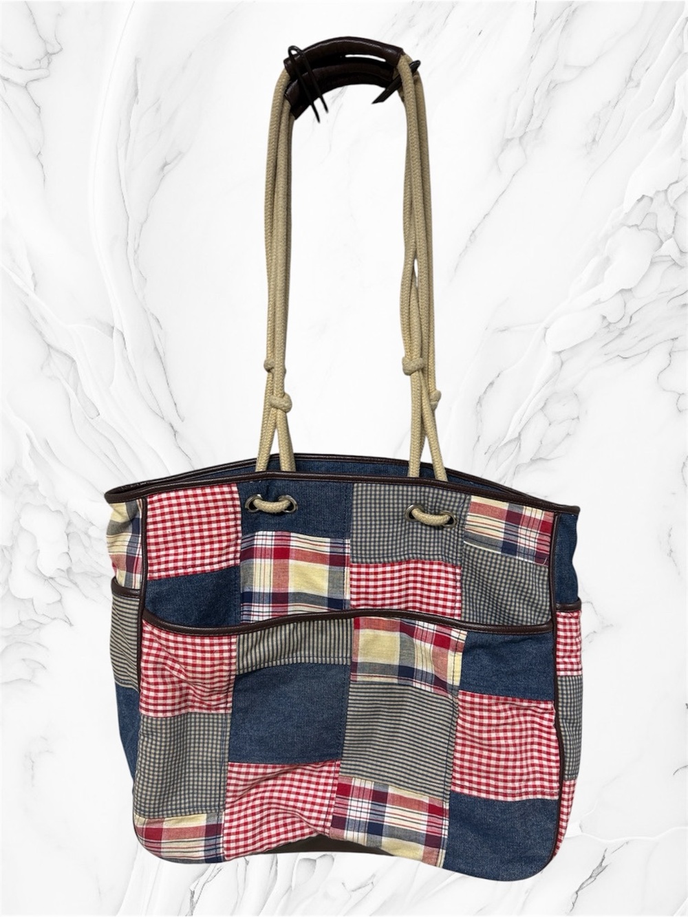 Casual fabric large tote bag patchwork design red-and-white blue gingham plaid